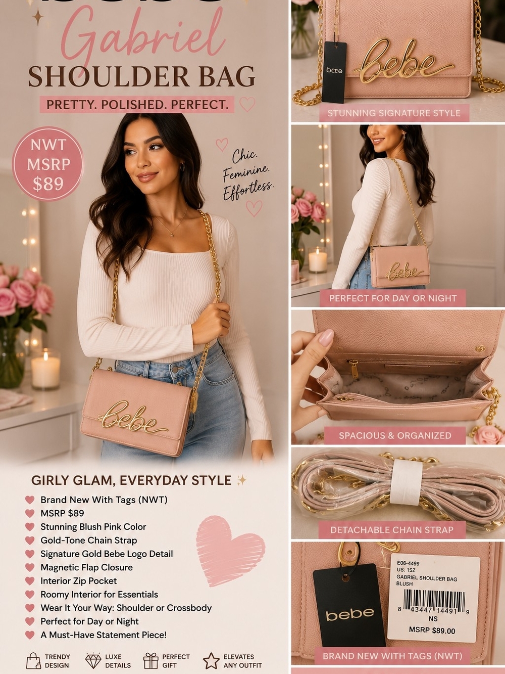 ✨️Bebe Gabriel Blush Shoulder Bag NWT Gold Chain Crossbody Barbiecore Glam✨️